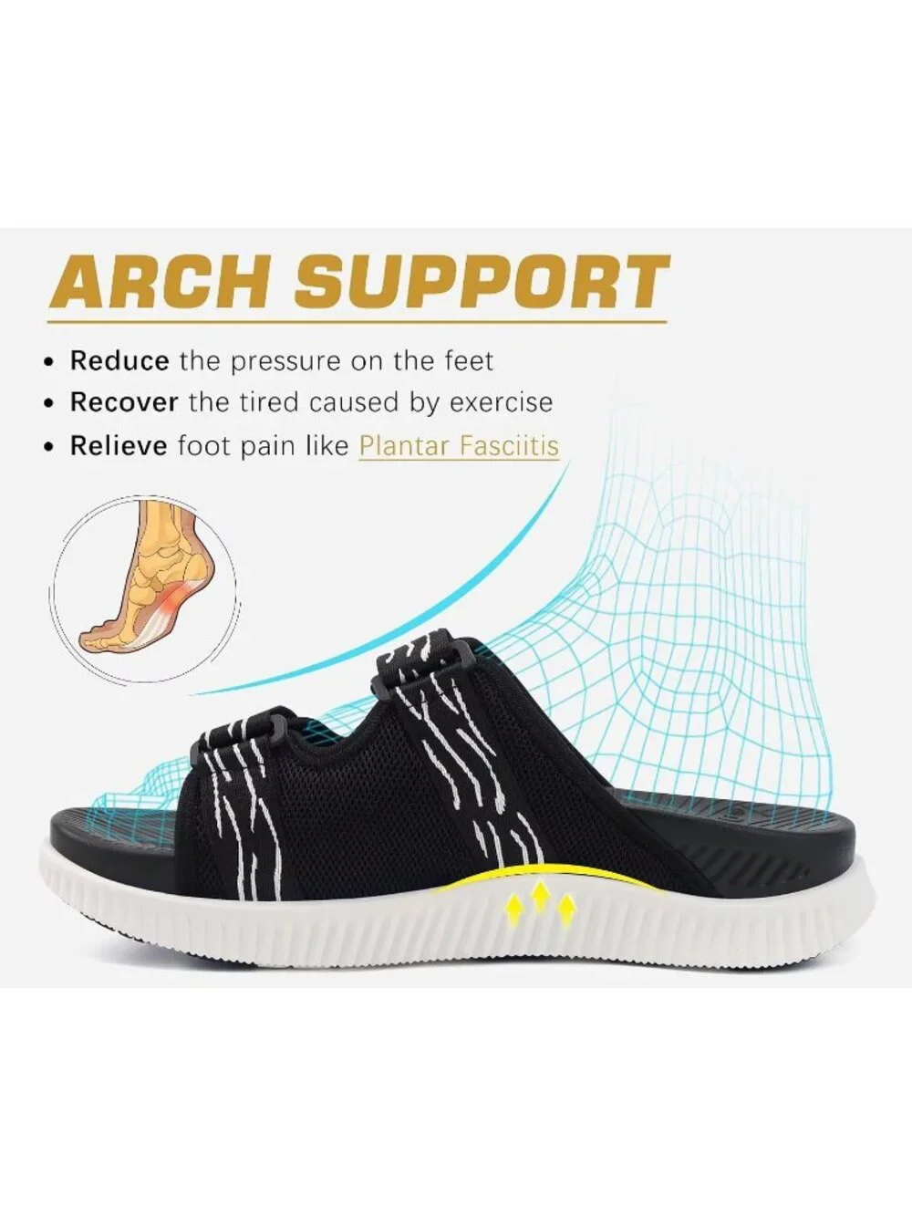 Men's Black White Athletic Thick Cushion Recovery Slides Orthotic Sandal Shoes